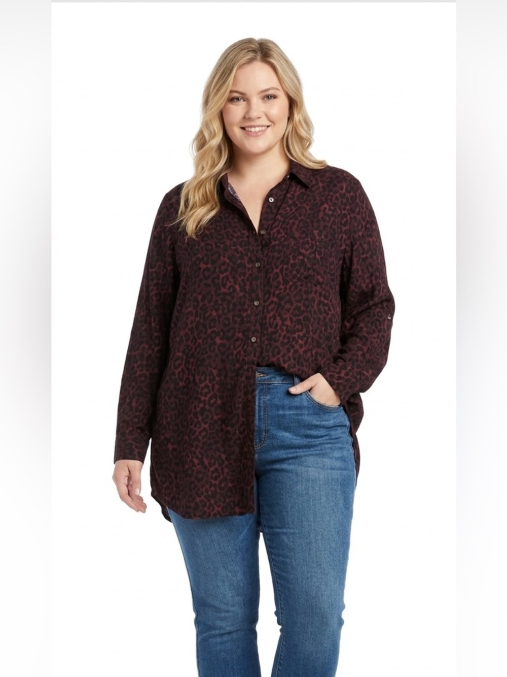 Intro burgundy & black leopard print Button Down Shirt size 1X